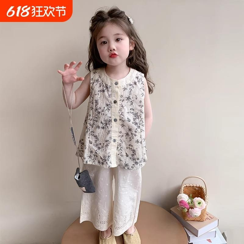 女童夏装无袖碎花衬衫套装2025新款儿童洋气阔腿裤宝宝时尚两件套