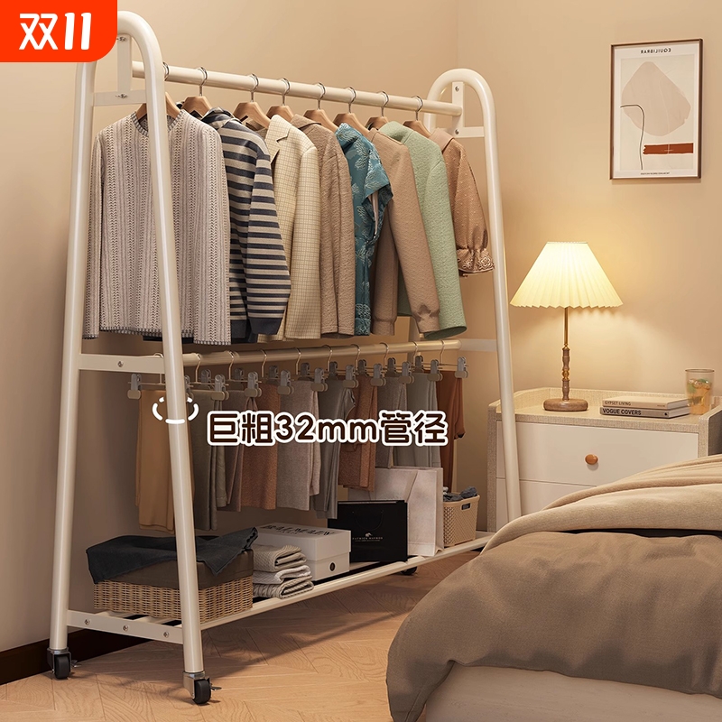 简易家用落地晾衣架服装展示架可移动带轮室内卧室挂衣架加粗加厚