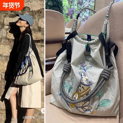 日系ball chain环保购物袋高圆圆同款勋章兔刺绣尼龙帆布斜挎包女