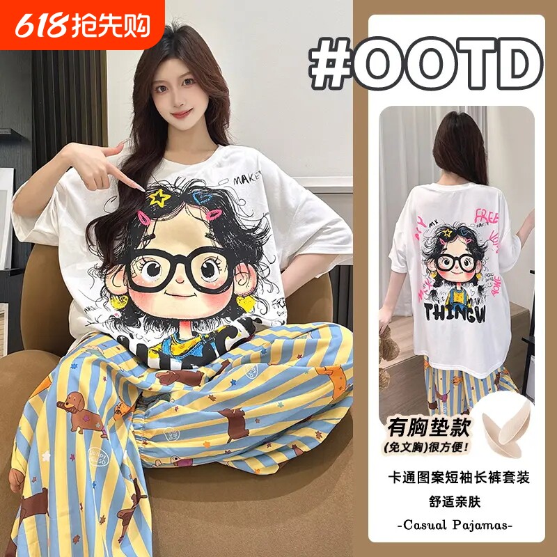 棉质睡衣女带胸垫套装卡通夏季短袖长裤家居服可外穿春夏薄款短裤
