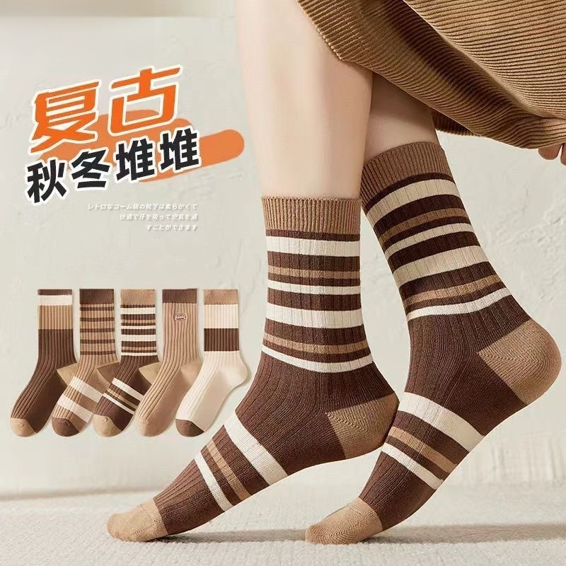俞兆林袜子女纯棉中筒袜秋冬潮流百搭袜子色系舒适弹力堆堆袜条纹