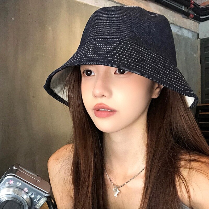 双面戴日系牛仔纯色渔夫帽休闲男女百搭遮阳通勤盆帽四季可折叠
