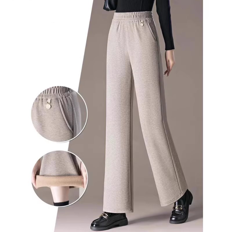 妈妈裤子女冬季加绒加厚阔腿毛呢直筒裤保暖中老年人奶奶棉裤黑色