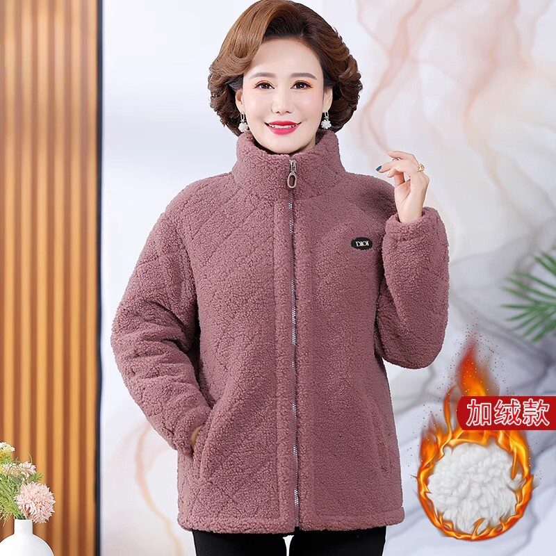 妈妈秋冬装颗粒绒外套加厚短款加绒上衣女新款中老年时尚棉衣棉服
