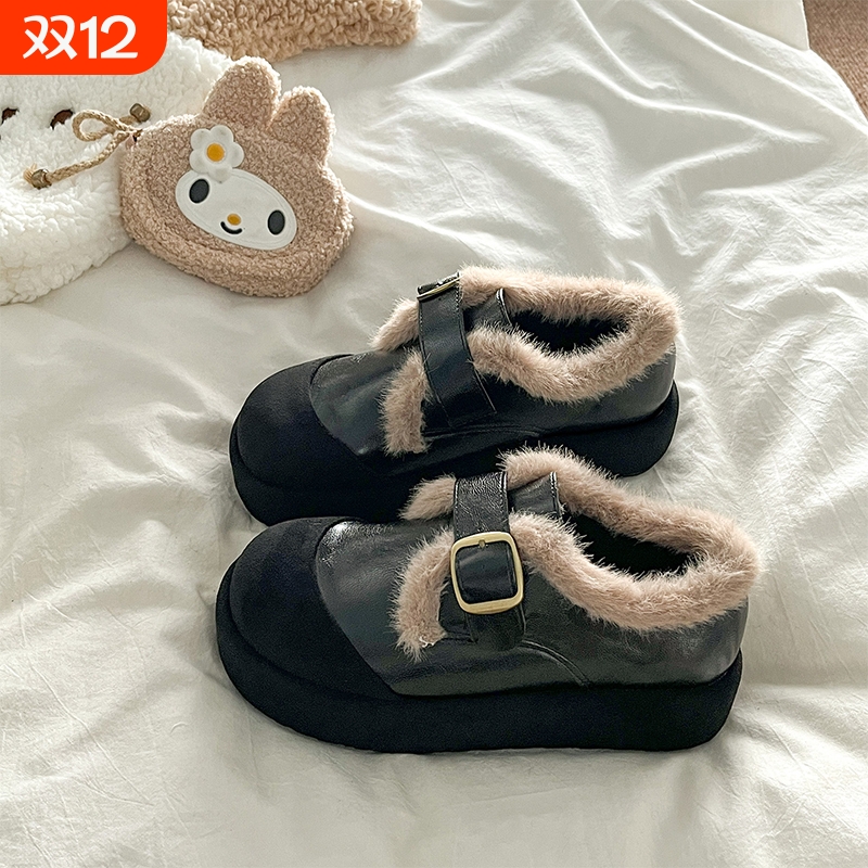 复古黑色加绒保暖勃肯鞋毛毛鞋女2025秋冬季新款厚底增高棉鞋防滑