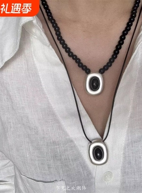 新中式经典黑色串珠银色几何吊坠项链生生不息锁骨链百搭长款钛钢