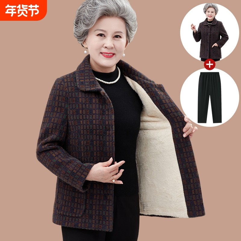 中老年人秋冬外套女奶奶装冬装棉衣妈妈水貂绒加绒加厚毛呢上衣服