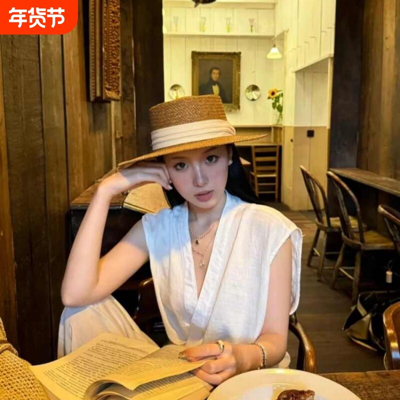 老钱风复古平顶草帽女夏沙滩海边度假防晒帽子英伦风草编遮阳礼帽