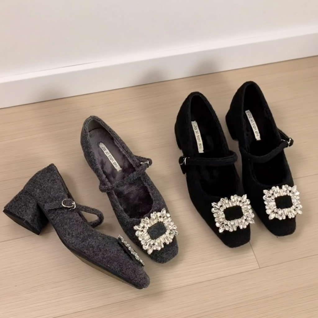 粗跟气质玛丽珍鞋法式晚晚方头水钻呢子毛毛鞋女秋冬外穿高跟单鞋