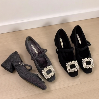 粗跟气质玛丽珍鞋法式晚晚方头水钻呢子毛毛鞋女秋冬外穿高跟单鞋