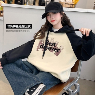 女童美式撞色连帽卫衣秋冬中大童新款学生插肩袖宽松慵懒外套帽衫