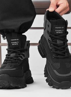 劳保男鞋冬季加绒棉鞋工作防滑耐磨户外登山运动增高黑色马丁靴子