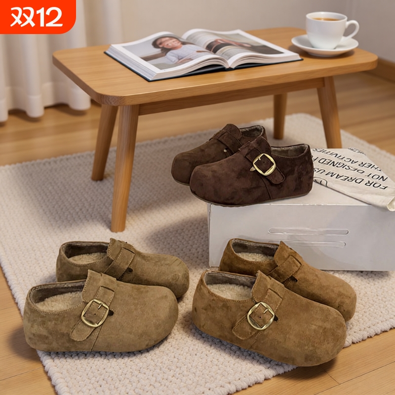 厚底内增高加绒勃肯鞋女2025秋冬新款一脚蹬大头全包博肯棉鞋咖色
