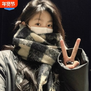 围巾秋冬季女高级氛围感2025新款黑白格子韩系情侣保暖加厚围脖男