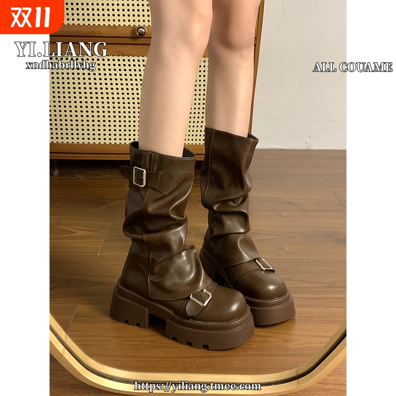 棕色厚底增高马丁靴女2024年新款春秋冬季美中筒靴子高跟粗跟黑色