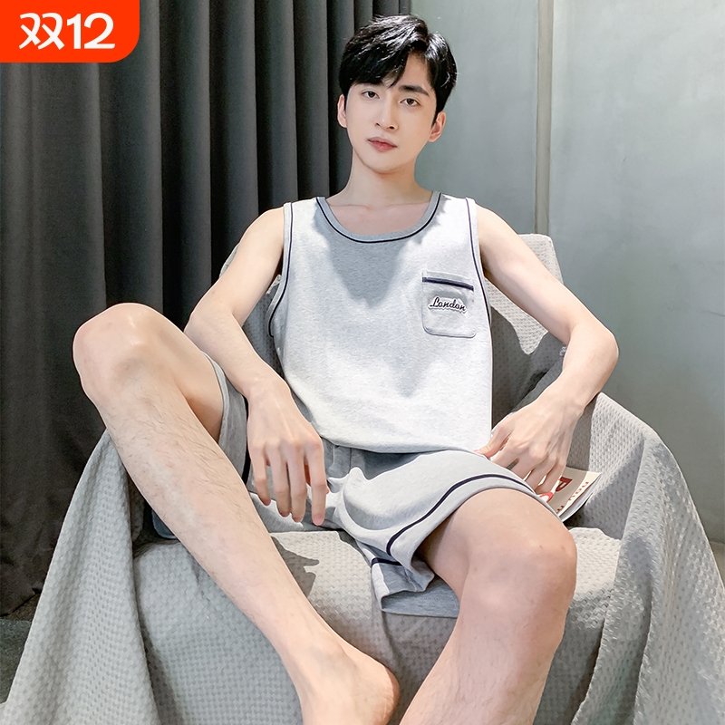 夏季纯棉背心睡衣男宽松休闲两件套装夏天薄款中年男士无袖家居服