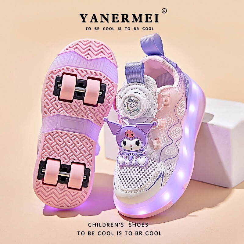 库洛米暴走鞋女童2026新款女孩闪灯发光鞋儿童旋转纽扣滑轮溜冰鞋