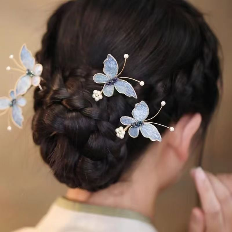 蝴蝶点缀U型发钗簪子女古风丸子头头饰蓝色汉服配饰 2024发饰发