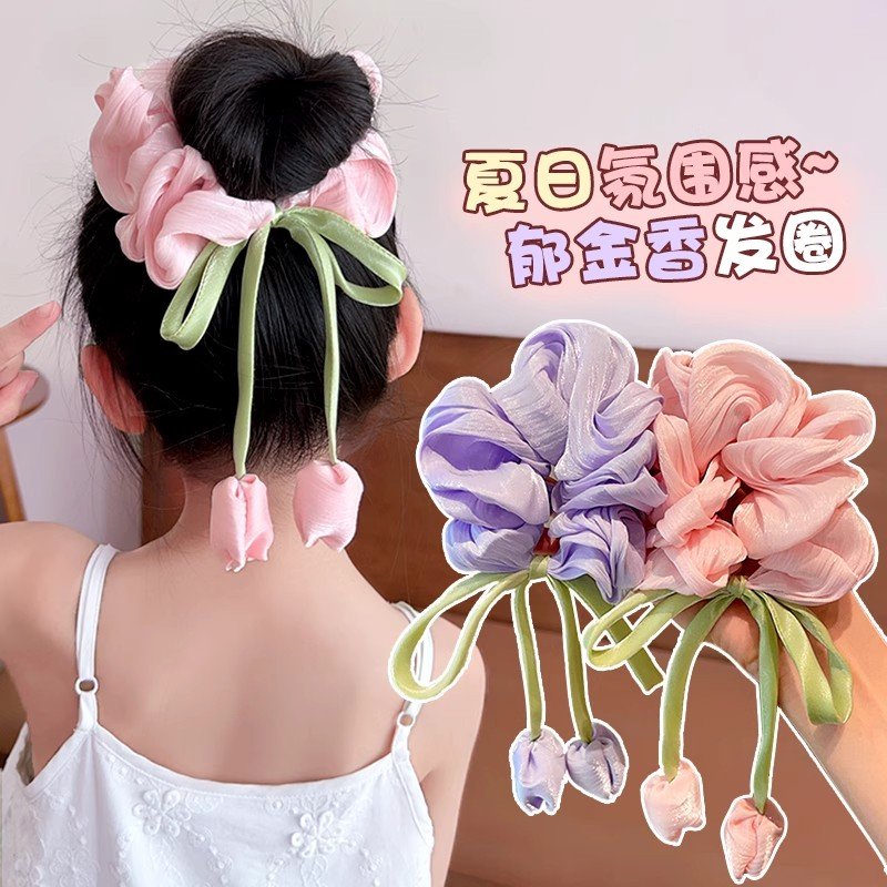 儿童郁金香花朵大肠发圈2025新款女童丸子头发绳韩系飘带头绳发饰