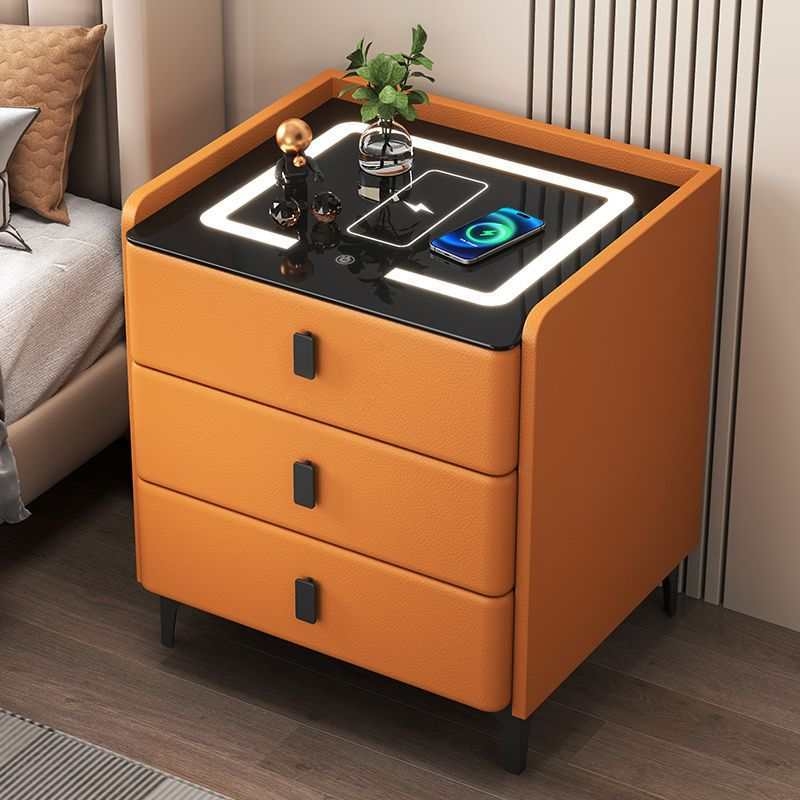 实木床头柜智能简约无线充带灯指纹锁多功能床边柜皮革整装多功能