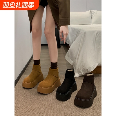 雪地靴女2025冬季棉鞋加绒勃肯鞋增高短靴厚底女鞋黑色高跟防水