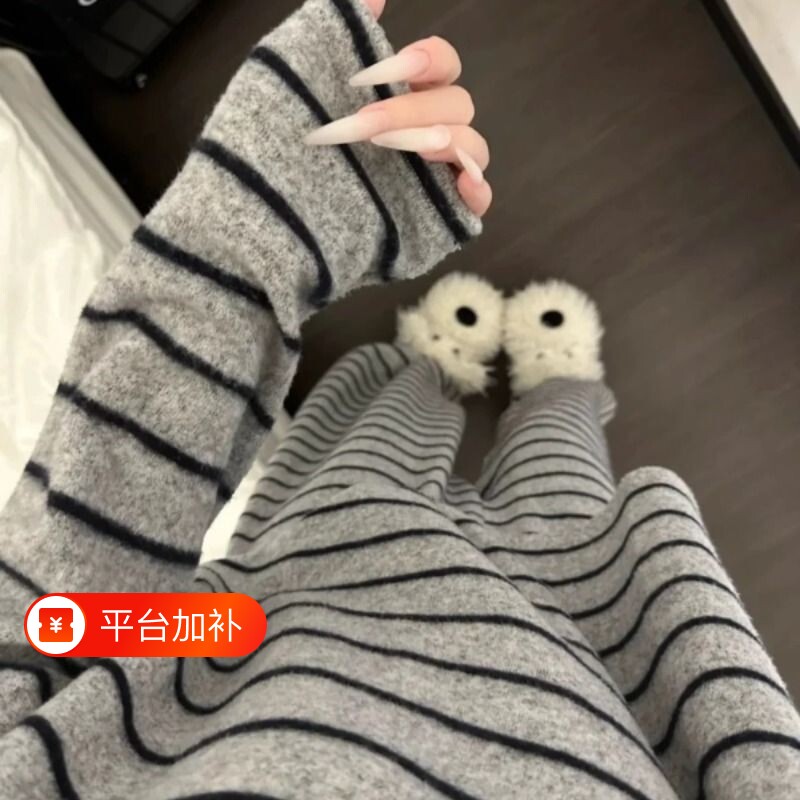 韩版ins简约条纹睡衣女学生保暖圆领长袖长裤宽松德绒家居服套装