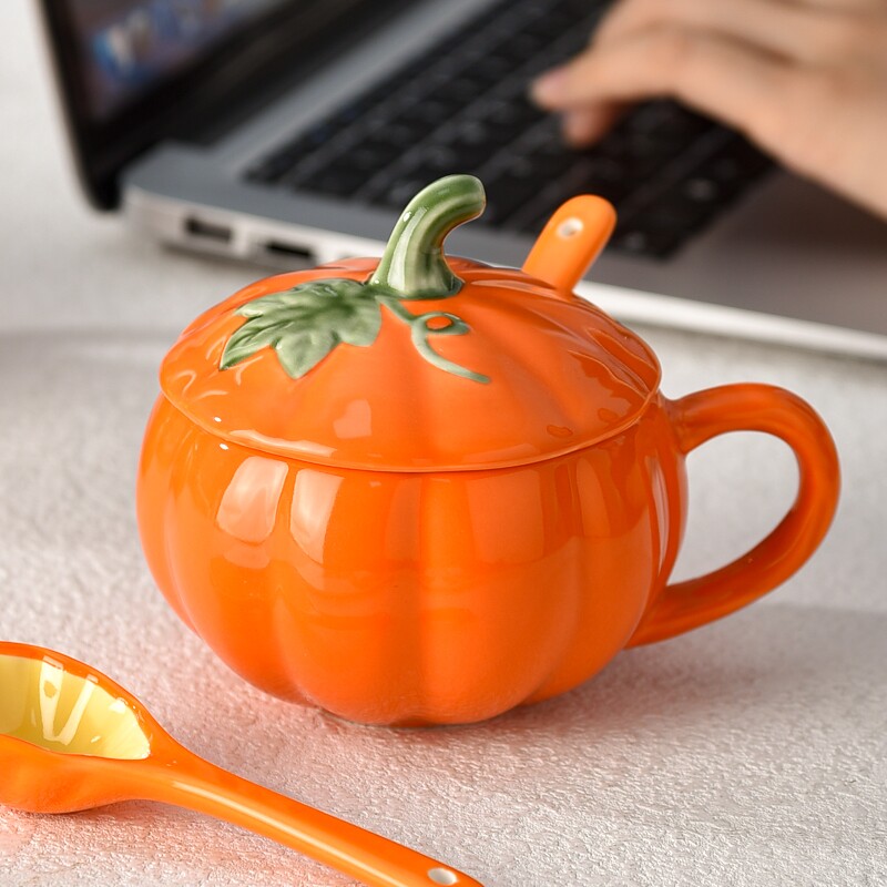 南瓜杯子万圣节礼物陶瓷马克杯带盖勺儿童早餐杯家用可爱卡通手柄