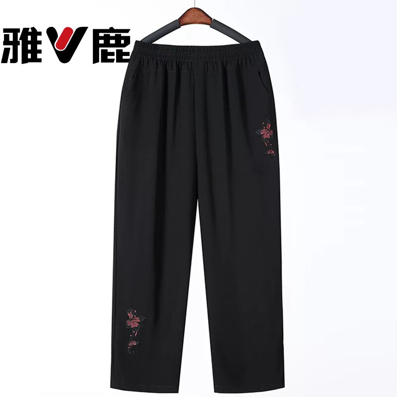 雅鹿妈妈裤子夏装中老年人直筒春夏九分裤休闲裤薄款黑色中年女裤