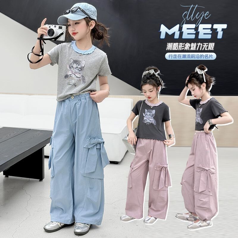 女童夏装裤子2026新款时髦工装裤儿童薄款女孩蝴蝶结直筒休闲长裤
