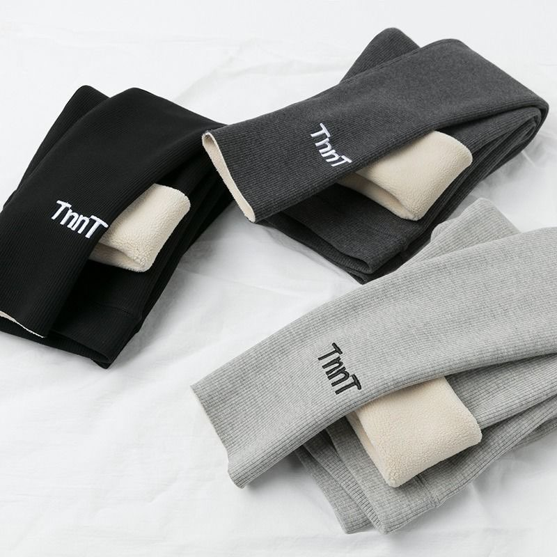 加绒加厚羊羔绒打底裤女外穿刺绣2025春秋款新款螺纹灰色高腰棉裤