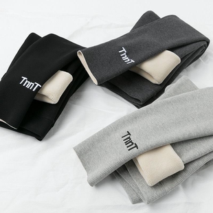 螺纹灰色高腰棉裤 新款 女外穿刺绣2025春秋款 加绒加厚羊羔绒打底裤