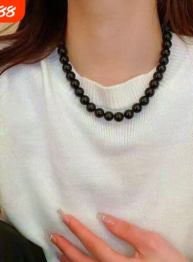 高质量2025创意圆珠黑项链乌金黑曜石项链简约百搭锁骨链金曜石链