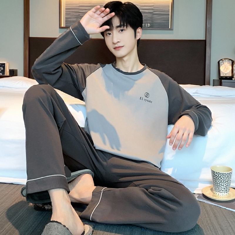 春秋季棉质长袖睡衣男宽松休闲条纹套装秋天薄款圆领家居服高品质