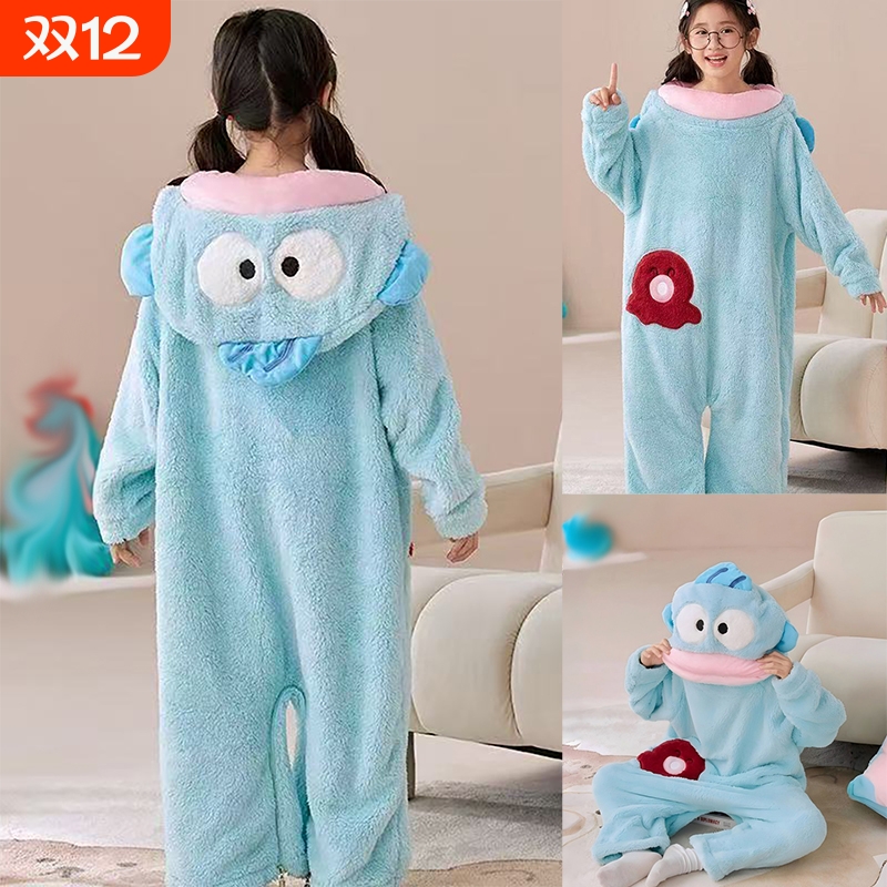 蓝色白色搞怪丑鱼连体睡衣