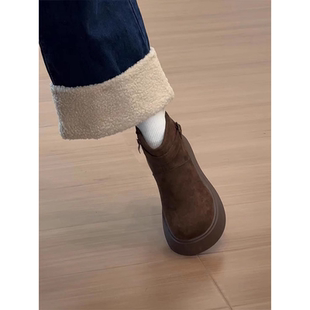 棉鞋 加绒保暖雪地靴勃肯鞋 短靴 新款 复古绒面厚底马丁靴女2025冬季