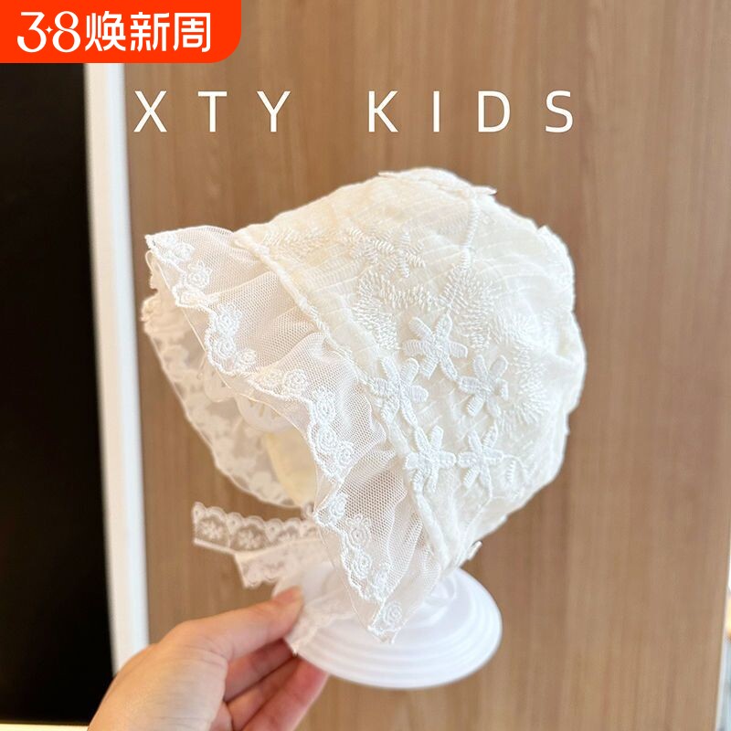 韩版婴儿帽子春夏薄款洋气公主小月龄遮阳帽蕾丝花边女宝宝宫廷帽