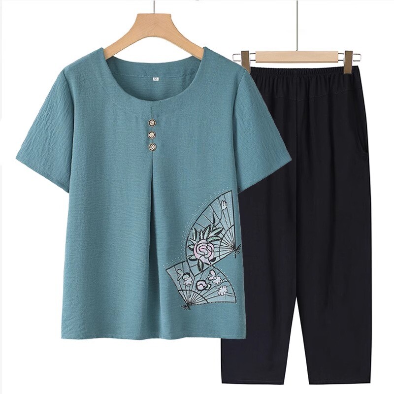 中老年女装短袖套装2025新款夏装妈妈绵绸两件套老年上衣太太衣服