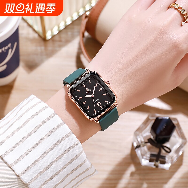 女款手表轻奢方形学生腕表女士小众ins小方表女士表情侣石英绿色