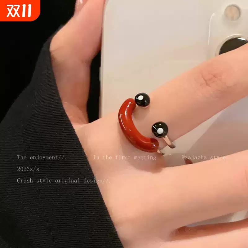 丑萌可爱笑脸开口戒指女小众设计高级感卡通食指戒稀奇古怪的指环