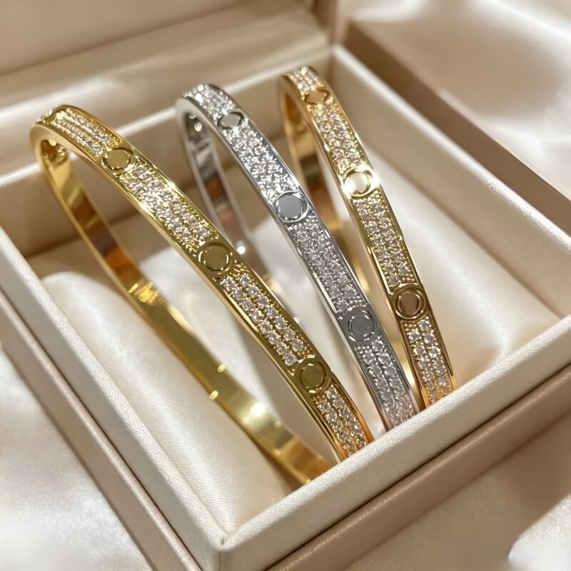 轻奢满天星螺钉满钻手镯三简约百搭送饰品白金玫瑰金黄金窄版排钻