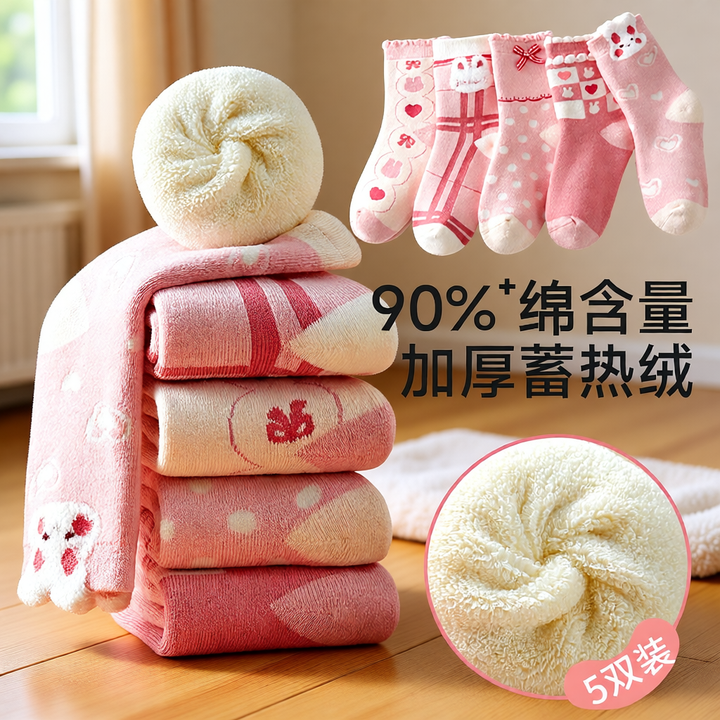儿童袜子女童秋冬加绒加厚毛圈袜厚款冬季保暖女孩宝宝纯棉中筒袜