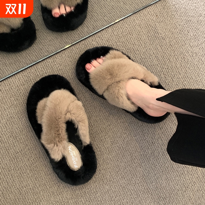 厚底毛毛拖鞋女外穿2025新款秋冬季时尚毛绒鞋子外出洋气棉拖黑色