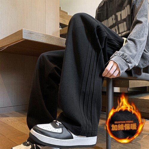 百搭运动卫裤男春秋季美式复古阔腿裤子秋冬季加绒垂感休闲裤黑色