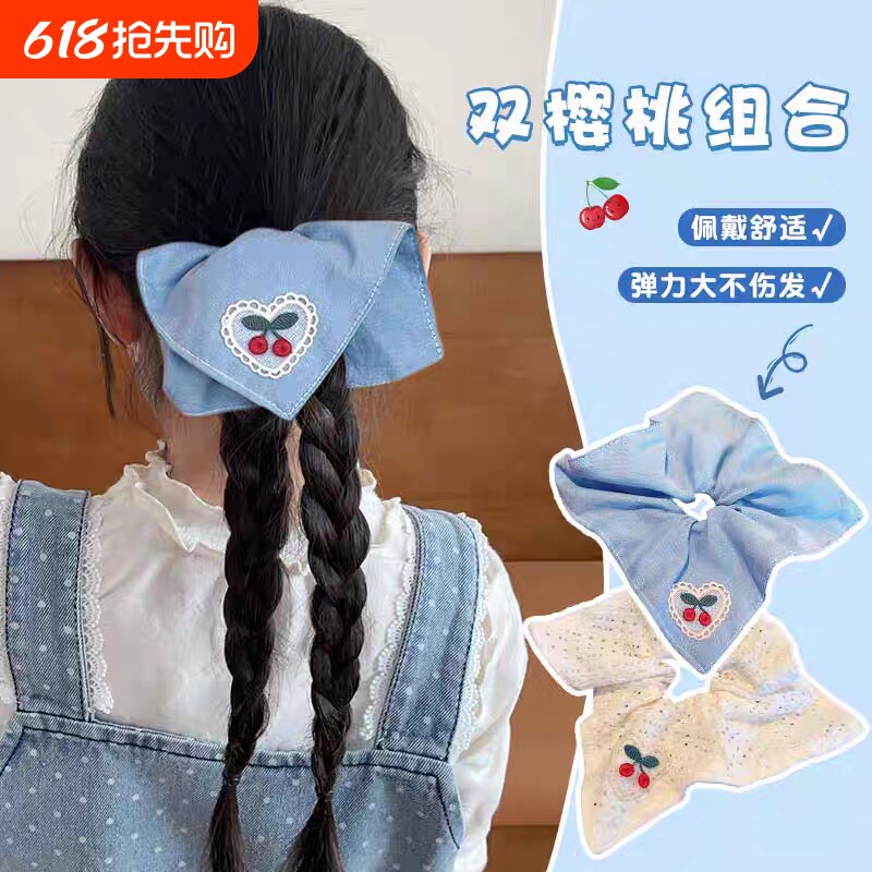 清新甜美蓝白格子樱桃方巾发圈发箍女简约气质大肠圈发圈头绳发饰