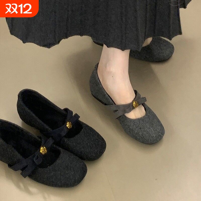 内增高灰色毛毛玛丽珍鞋女2025秋冬季新款蝴蝶结厚底加绒保暖棉鞋