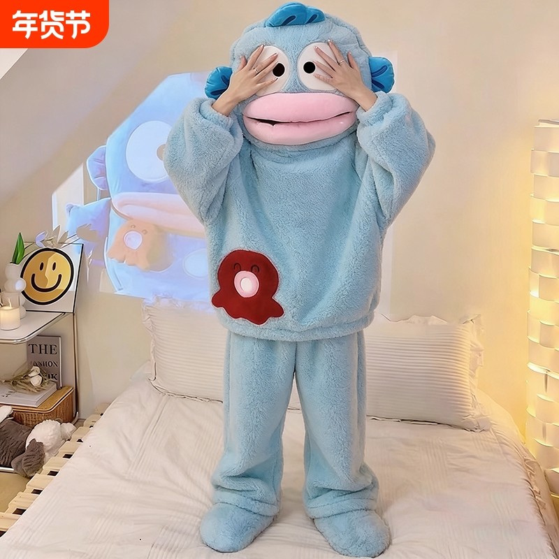 搞怪汉顿丑鱼睡衣连体男女情侣珊瑚绒加厚保暖秋冬季家居服套装潮
