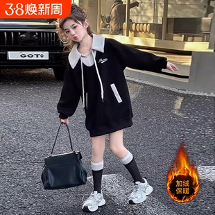 女童长袖连衣裙秋冬季加绒中大童时髦韩系假两件翻领中长款卫衣裙