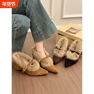 titing老钱系欧尼!复古绒面毛毛边坡跟单鞋女冬韩版搭扣加绒单鞋