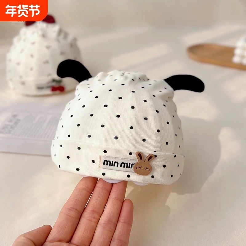 新生儿纯棉胎帽春秋季薄款2025新款宝宝帽子波点蝴蝶结无骨囟门帽