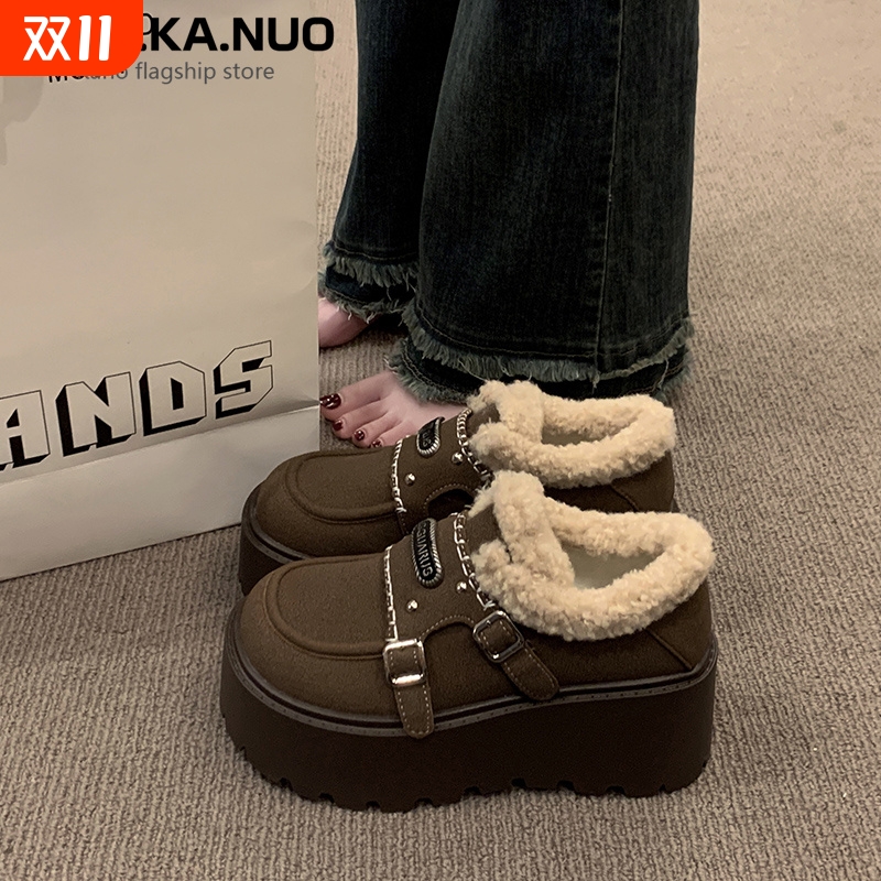 爆款冬季勃肯鞋增高厚底乐福鞋2025新款加绒保暖一脚蹬雪地靴女